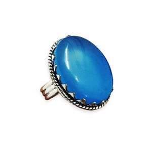 Natural Blue Chalcedony Gemstone Sterling Silver Statement Ring Handmade NEW